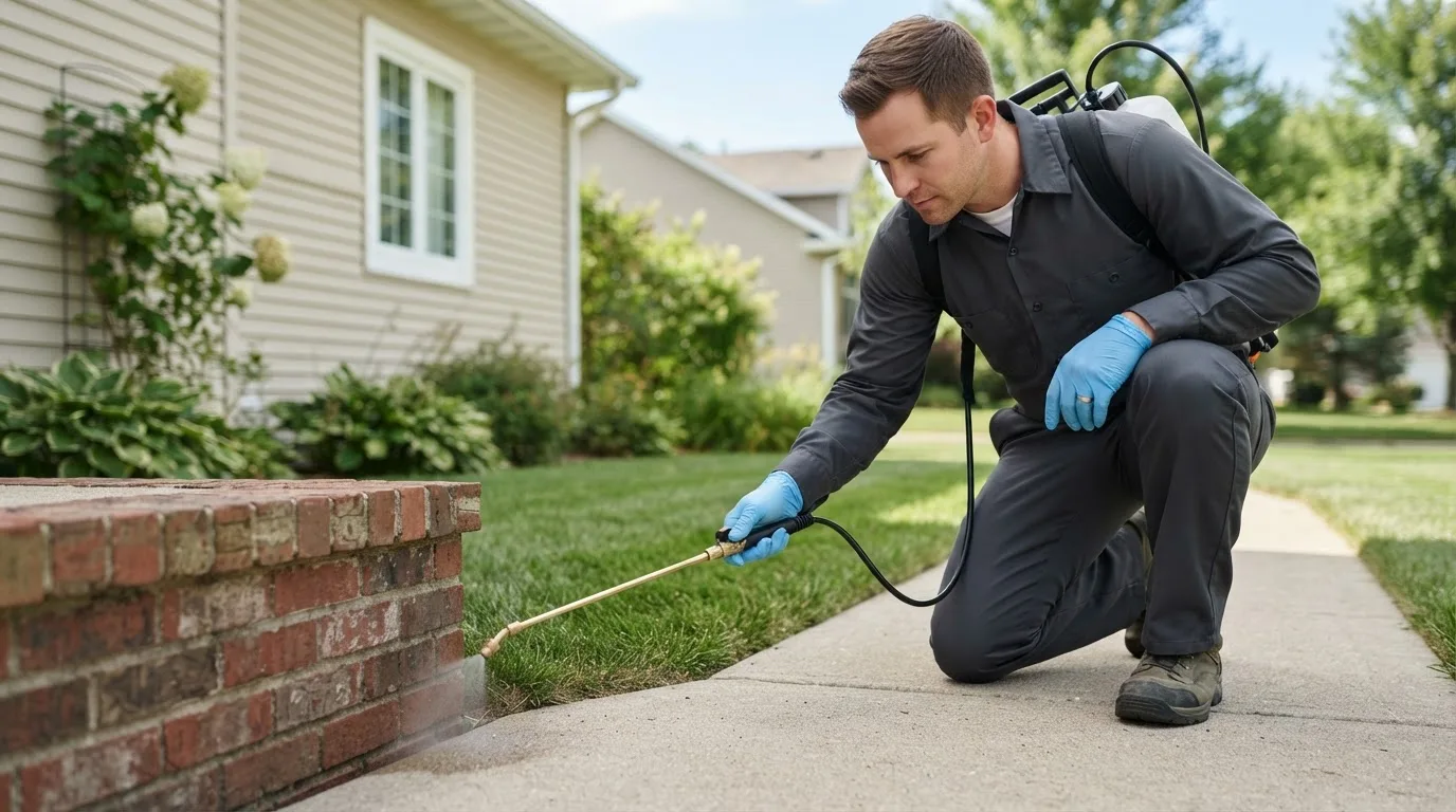 Pest control technician treating a home near Revere, MA